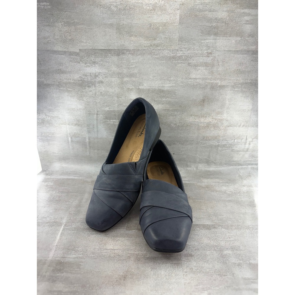 Clarks Juliet Coast Navy Blue Nubuck Leather Loafers Women Sz 7.5 M Square Toe